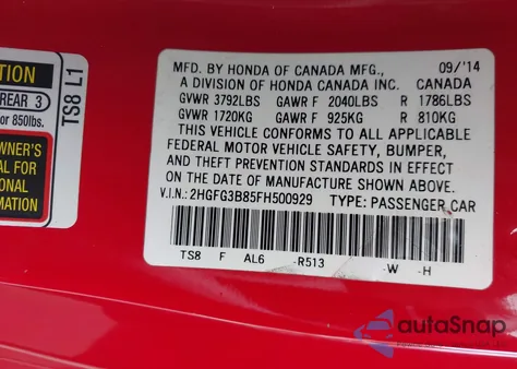 2015 Honda Civic Ex z USA, uszkodzony, nr VIN 2HGFG3B85FH500929